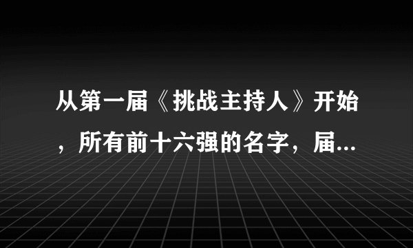 从第一届《挑战主持人》开始，所有前十六强的名字，届数，名次