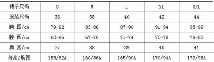 女装裙子尺码的对照尺码 要常规的