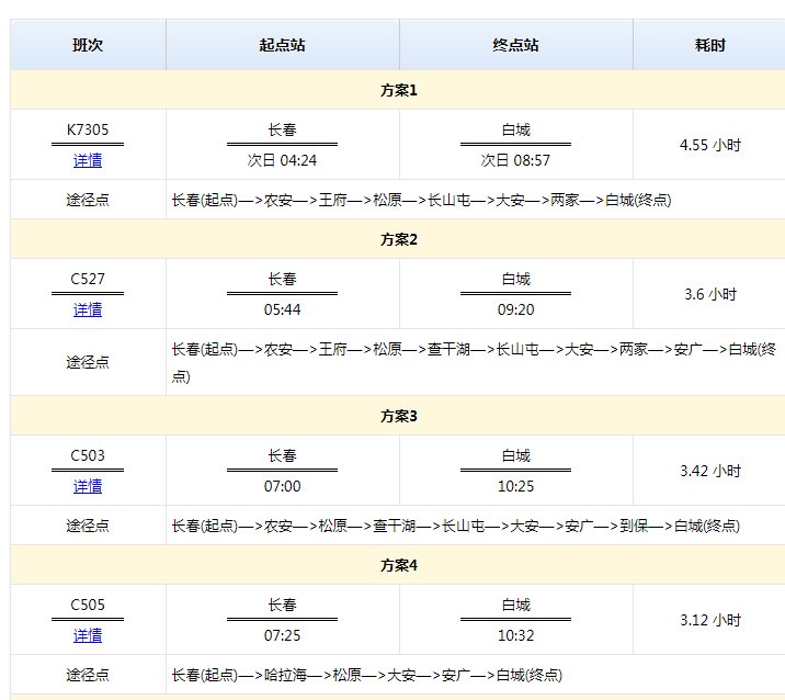 长春到白城的火车时刻表