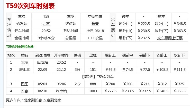 T59次列车时刻表